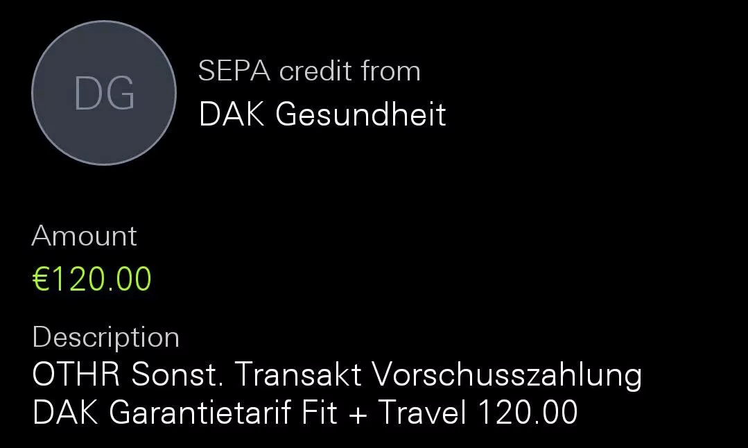 DAK 打来的 Garantietarif Fit + Travel 年费 120 欧的银行入账记录